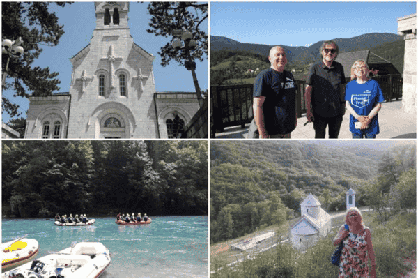 Kolaž fotografija sa putovanja iz specijala „Putopis bez slučajnosti“, prof. dr Vesna Dimitrijević Srećković ispred crkve, u prirodi i sa saputnicima.